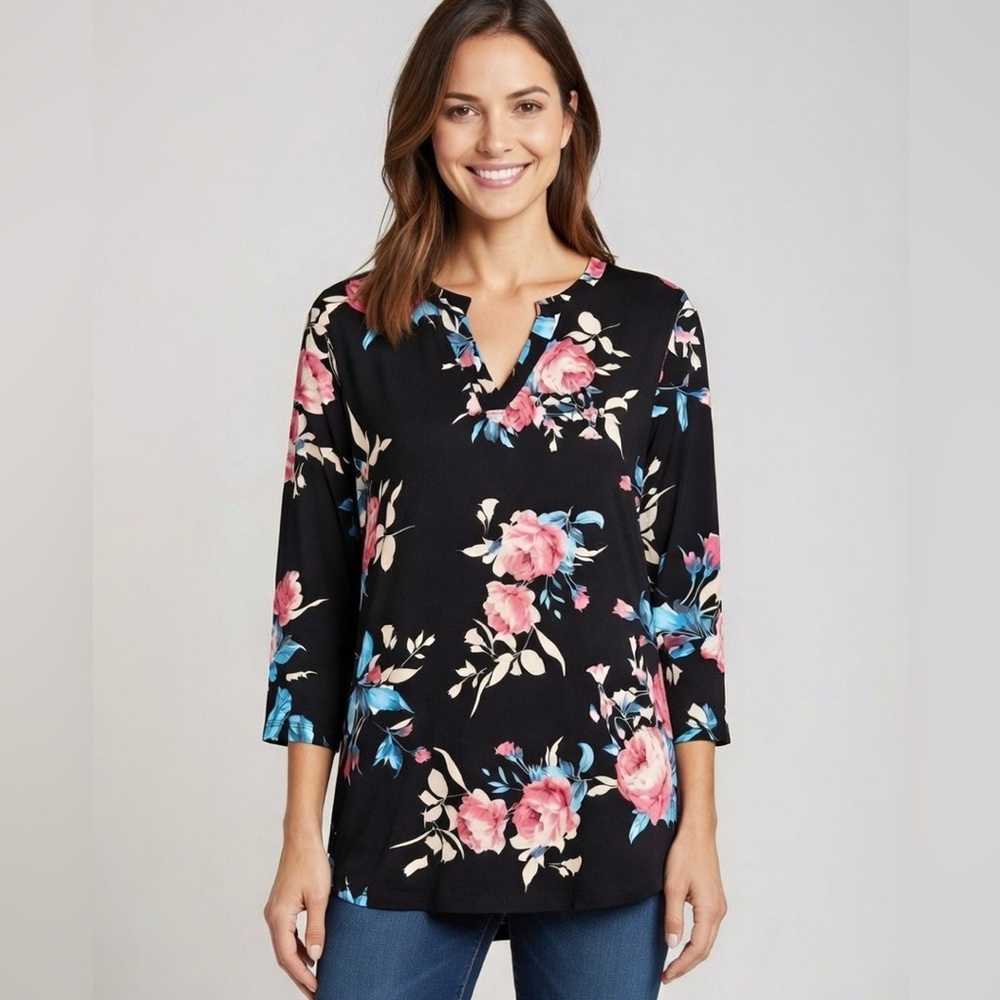 Zattacas Black Top Pink Blue Roses Floral Vneck Patty Roll 3/4 Sleeves Stretchy
